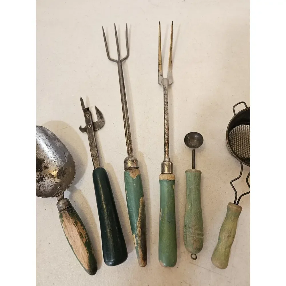 Vintage Kitchen Utensil Lot Wood Handle Scoop Forks Strainer Melon Baller Opener
